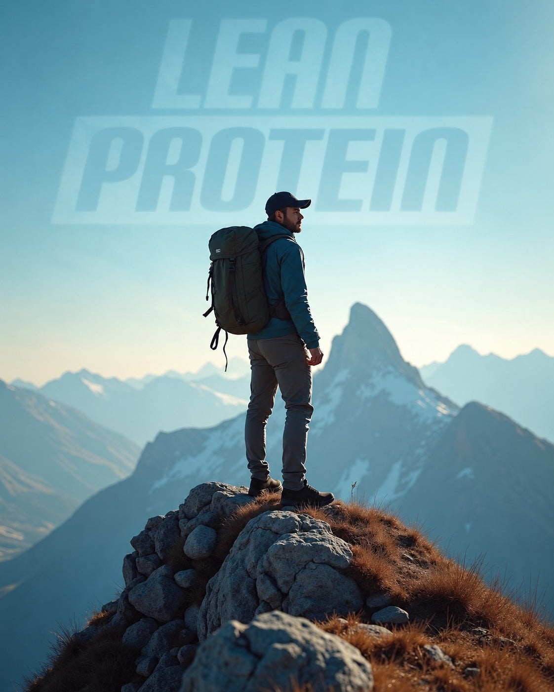 Deportista en la montaña con la identidad Lean Protein al fondo