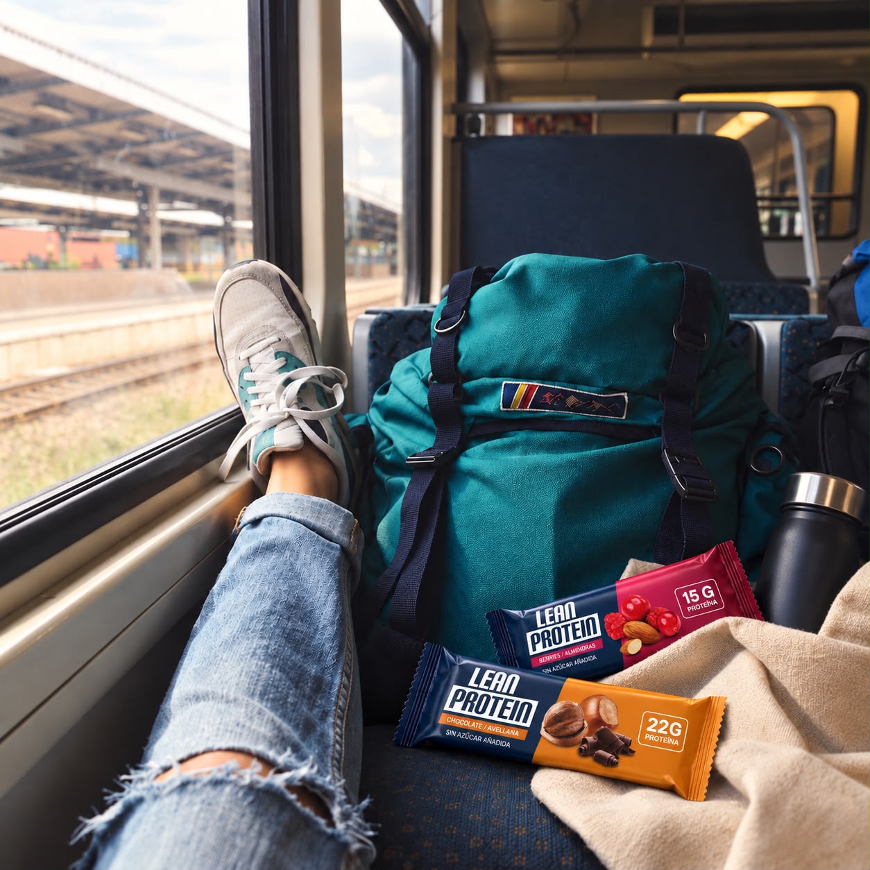 Barras Lean Protein junto a una mochila durante un viaje en tren